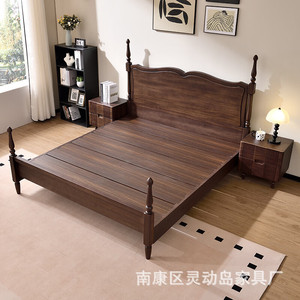 French Vintage Solid Wood <b>Bed</b> 1.8M Platform Black Walnut Hand Carved Master Bedroom <b>Double</b> <b>Bed</b> - Product Image 5