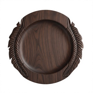 Assiette de service en bois de noyer sculptée à la main avec détails plumeux, style vintage, plateau décoratif en bois, vente en gros - Product Image 1