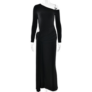 Robe de soirée plissée asymétrique à manches longues et découpe à la taille, couleur unie, pour femme de style européen et américain - Product Image 5