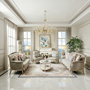 European <strong>Gold</strong> Trim Fabric Upholstery Living Room Furniture Set Decorative Wood Carve Classic Leather <strong>Sofa</strong> for Mansion - Product Image 2
