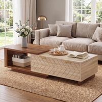 Table basse moderne de luxe en bois bicolore avec tiroirs à motif chevron et rangement pour le salon