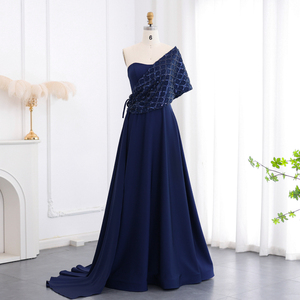 Elegante <span class=keywords><strong>vestido</strong></span> de noche árabe <span class=keywords><strong>azul</strong></span> <span class=keywords><strong>marino</strong></span> con hombros descubiertos con capa Dubai para mujer vestidos formales de fiesta de boda - Product Image 5