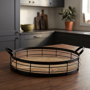 Elegante Bandeja de Servir Ovalada de Madera Hecha a Mano y Ecológica con Marco y Asas de Metal, Apta para Lavavajillas y Microondas, para Uso Residencial - Product Image 1