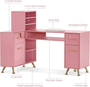 Tavolo da Manicure a L con Cassetti e Ripiani per lo Stoccaggio, Scrivania Angolare per Salone, Postazione Trucco - Product Image 2