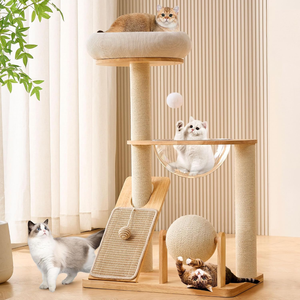 Solid Wood <b>Cat</b> <b>Tree</b> Tower with <b>Scratching</b> <b>Post</b>, 37.8 Inches Tall <b>Cat</b> Towers with <b>Scratching</b> Board and Scratcher Ball, - Product Image 1