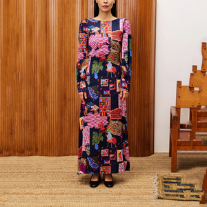 <span class=keywords><strong>Robe</strong></span> décontractée pour femme bleu <span class=keywords><strong>marine</strong></span> à manches longues, col rond, imprimé fantaisie à l'intérieur - Product Image 1