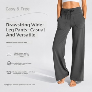 Wholesale <strong>Women</strong> Wide Leg Yoga Pants 230GSM <strong>Lightweight</strong> Custom Logo Loose Fit Drawstring Sports Casual Lounge <strong>Trousers</strong> - Product Image 3