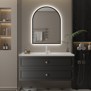 Modern Wall-Mounted Bathroom <b>Vanity</b> With <b>Led</b> Arc <b>Mirror</b> Ceramic Basin Dark Finish 60 In Contemporary Design - Product Image 1