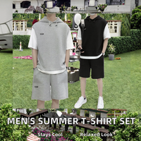 Conjunto de Camiseta para Hombre, Ropa Deportiva Casual para Exteriores, Estilo Veraniego Corto, Tejido Waffle Transpirable, Diseño de Parches 2 en 1, Holgado y Cómodo, 100%