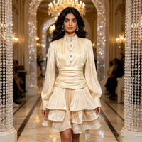 Elegante Minivestido con Cuello Alto, Cintura Fruncida, Manga Linterna, Volantes en Capas y Tela Brillante para Invitadas de Boda y Fiestas