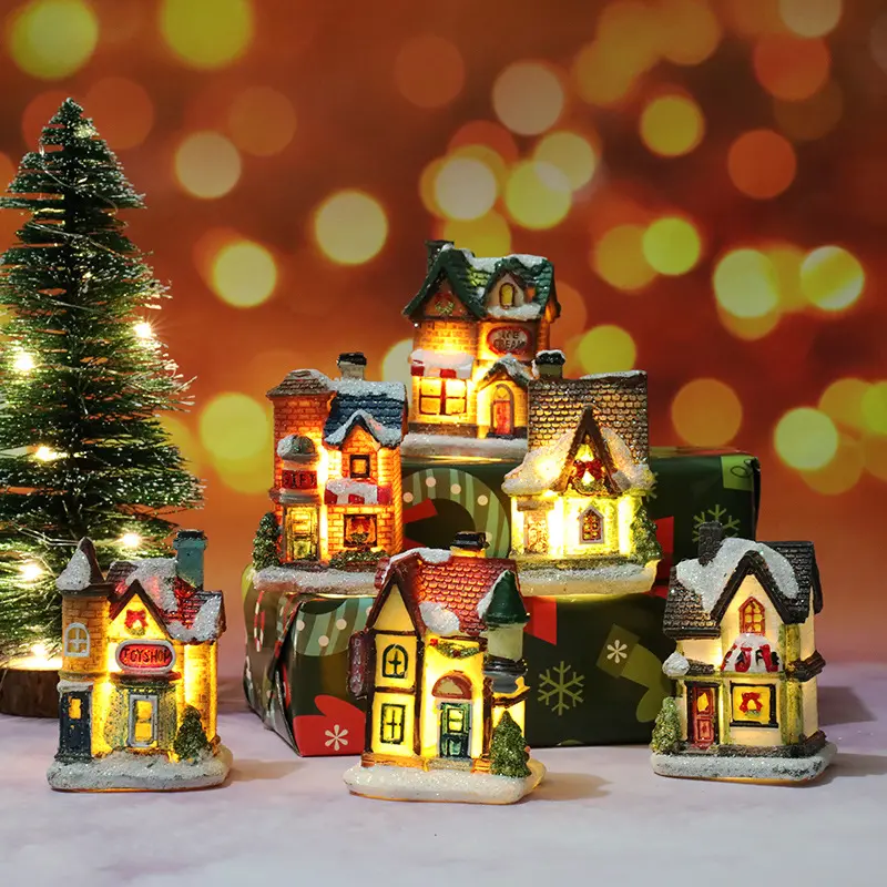LED reçine noel köyü süsler Set figürler dekorasyon noel baba çam iğneleri kar görünüm ev tatil hediye ev dekor