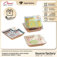 Assiette à raviolis personnalisable en céramique, motif végétal bohème sous glaçure, avec logo, export transfrontalier exclusif, vaisselle compatible micro-ondes