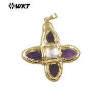 WT-P2010 Style Super Tendance Vintage Femme Plaqué Or 18K Pendentif Croix Religieuse Chrétienne à la Mode avec Pierre Précieuse et Perle