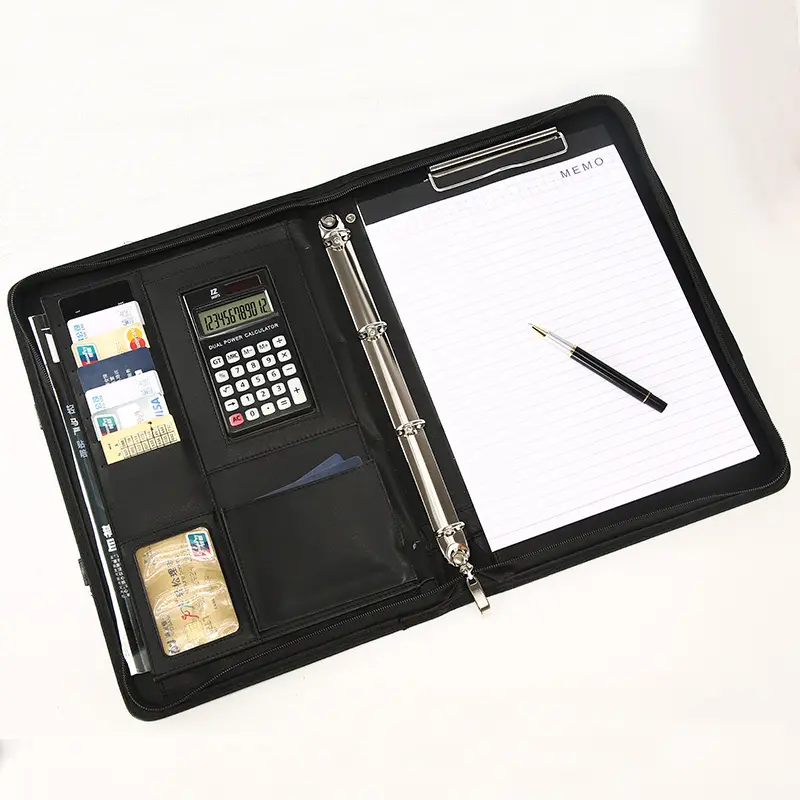 Porte-documents de gestion d'affaires, sac de rangement pour documents, dossier en cuir avec fermeture éclair pour calculatrice de carnet de notes, A4