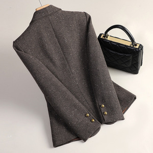 Women's Woolen Blazer Grey Solid Color Warm Slim Fit Autumn Winter Suit Pocket Design - Product Image 2