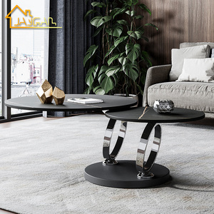 Tavolino da Caffè Rotante con Base in Metallo e Piano in Ceramica Effetto Marmo Nero per Soggiorno, Set di Due Tavolini Rotondi - Product Image 3