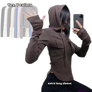 Luluxixiyaya Drawstring Hooded Hoodie Style Botton Up Extra Long Sleeve Figure Holw Plain Front Pocket Women's Black T Shirt