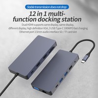 Base de Conexión USB C 12 en 1, Hub USB C con Doble HDMI VGA, 3 Monitores 4K 30Hz, Adaptador MST, 100W PD para Laptop Mac Windows