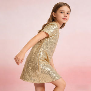 Robe de soirée élégante personnalisée pour adolescentes, en sequins dorés, une pièce, pour filles de 13 <span class=keywords><strong>ans</strong></span>, <span class=keywords><strong>vêtements</strong></span> d'été à manches courtes pour enfants - Product Image 4