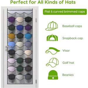 Organisateur de chapeaux pliable à suspendre sur la porte, à un seul niveau, avec 27 poches profondes, support de rangement transparent pour casquettes de baseball - Product Image 4