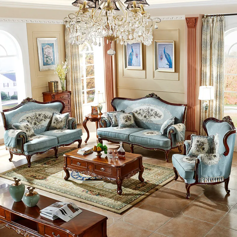 Mobili per la casa all'ingrosso classico legno intagliato tessuto divano con tavolino in colore mobili opzionali e sedili divano