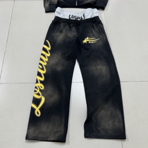 Özel Jwide bacak alevlendi Baggy yığılmış asit yıkanmış <span class=keywords><strong>Sweatpants</strong></span> sıkıntılı çift kemer Rhinestone ter pantolon pantolon erkekler için - Product Image 1