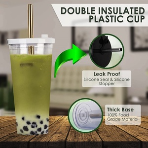 20oz 24oz Double Wall Reusable <b>Bubble</b> Tea Plastic Tumbler Cup with Wide Straw and Lid for <b>Boba</b> - Product Image 5