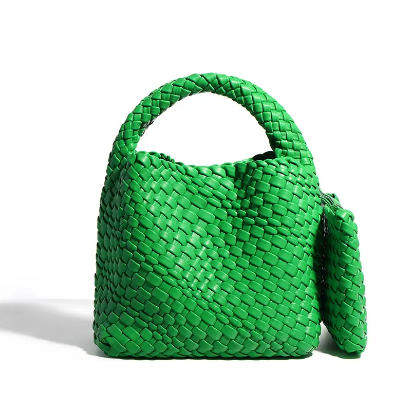 Women Unique Green Genuine Leather Bag Braided Bag Cowhide Big And Small Square Bag