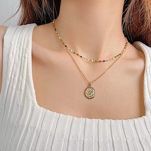 Moda mujer diario elegante 18K oro PVD plateado multicolor esmalte cuenta cadena flor relieve moneda colgante collar en capas - Product Image 5