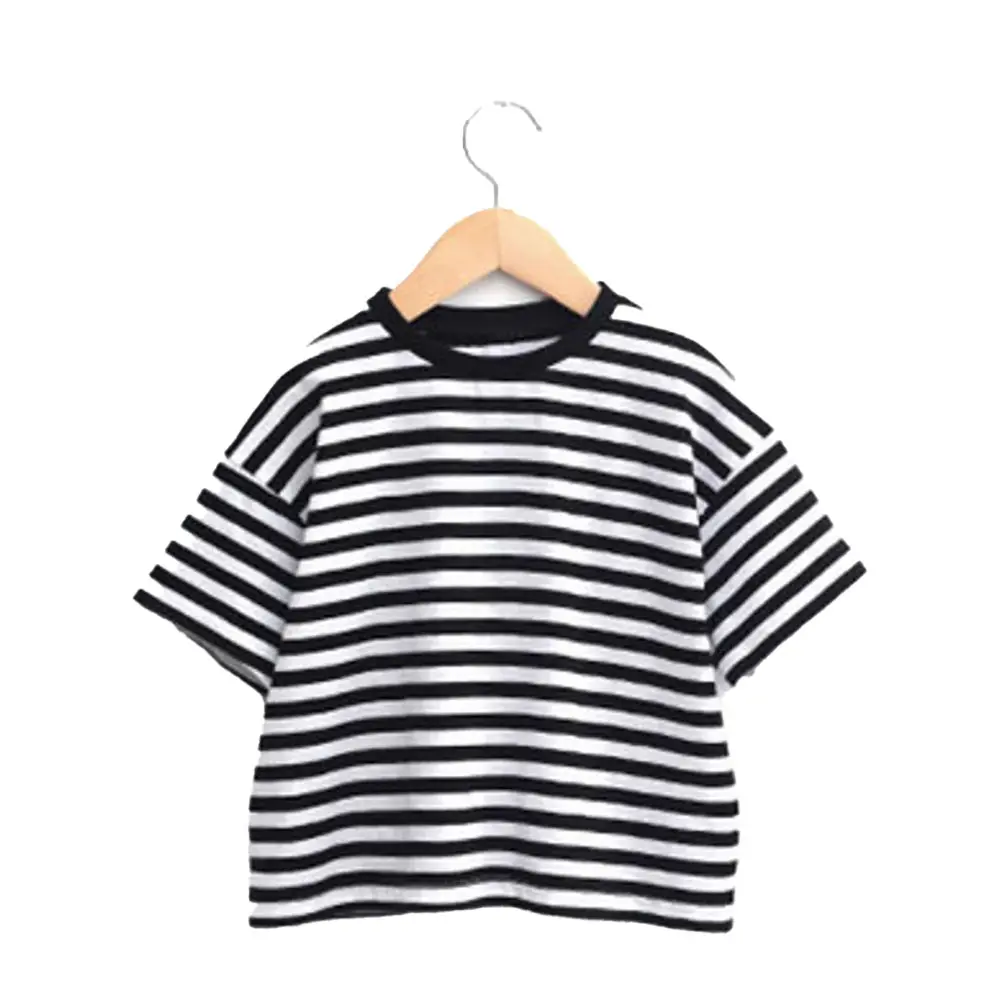 Kaus anak laki-laki dan perempuan, atasan t-shirt ukuran besar balita musim panas jalanan kasual garis-garis hitam putih
