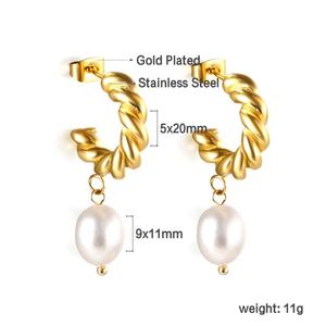 <b>Fashion</b> Jewelry 18k Gold Plated Stainless Steel Drop Pearl Dangle C Shape Twist Gold Plated Stud <b>Hoop</b> <b>Earrings</b> for Women - Product Image 2