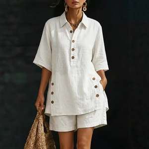 Ensemble deux pièces décontracté pour femme : chemise à manches courtes et pantalon ample, couleur unie, tailles S-5XL, style transfrontalier Europe-Amérique - Product Image 3