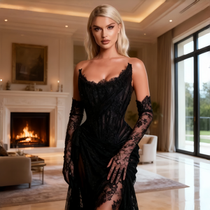 Vải ren cho đế chế eo váy cưới maxi sang trọng-Ren đen không tay kích thước lớn cho phụ nữ béo - Product Image 3