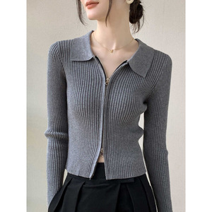 Sucesso de Vendas 2026: Cardigãs de Tricô Canelado Curto Ajustado com Gola Polo, Elegantes, Lisos, para Sobreposição, com Zíper, para Outono, e Casacos - Product Image 2