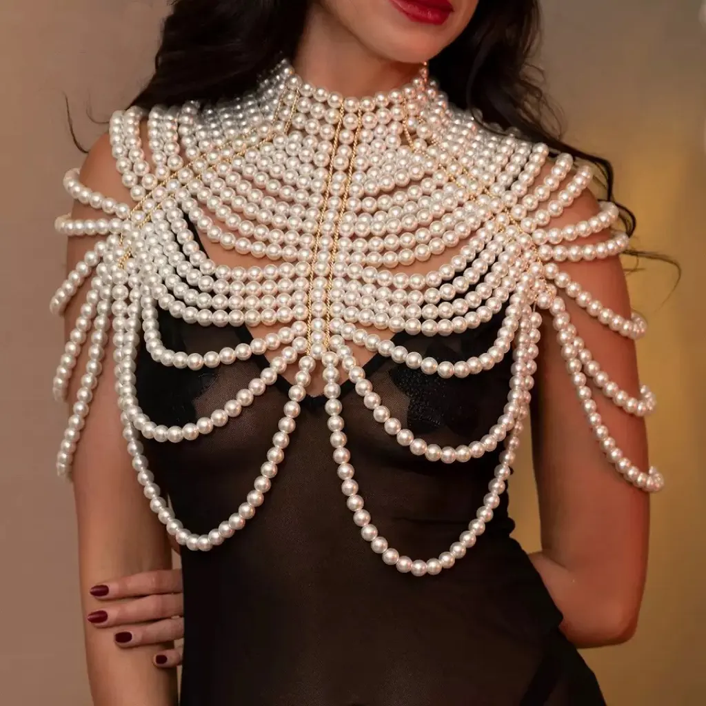 Sexy Women's Pearl Body Chain Bra Shawl Fashion Shoulder Necklace Tops Chain Handmade Punk Beaded Bridal Wedding Dress Jewelry