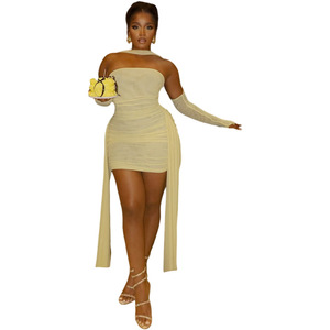 Nouvelle Robe Halter Sexy Femme Style <span class=keywords><strong>Club</strong></span> Européen-Américain avec Manches à Doigts, Bustier Froncé et Ruban, Coupe Moulante, Ensemble Unique - Product Image 5