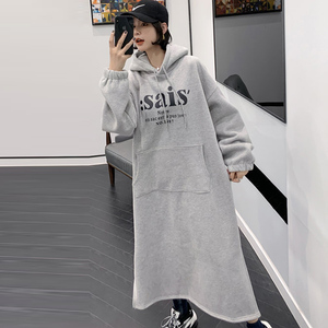 Women Custom Grey Sweatshirt <strong>Long</strong> <strong>Hoodie</strong> Dress Casual Fleece <strong>Long</strong> Sleeve Hooded Knee Length <strong>Hoodies</strong> - Product Image 1