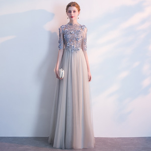 European American Style Long Chiffon Dress High Neck A-Line Floral Print Grey Evening Gown For Graduation Banquet - Product Image 1