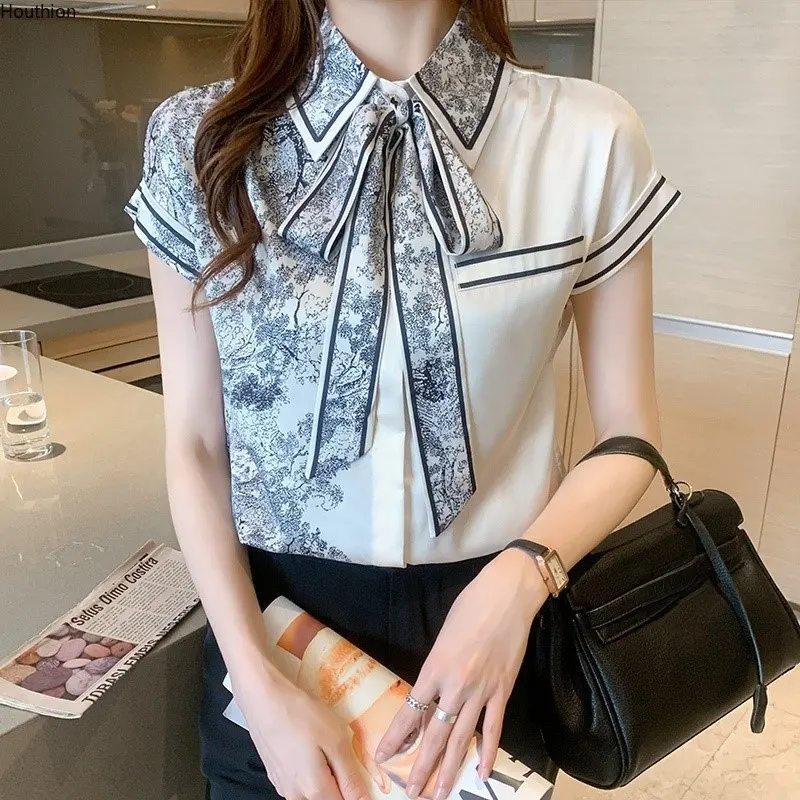 Satin Loose Large Size Women Blouse Summer New Casual Fashion Short Sleeve Top Stitching Bow Collar Shirt