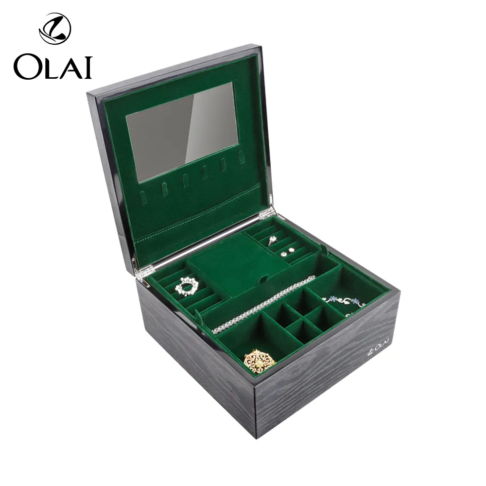 Kotak Organizer penyimpanan perhiasan kayu cincin perhiasan mewah Logo logam kustom