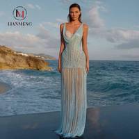 Robe longue LM D312 bleu ciel à paillettes et franges, bretelles spaghetti, col drapé, fente haute, à franges, coupe trapèze, robe de soirée élégante en satin