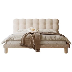 Кровать YUAOO в французском стиле с вышивкой, регулируемая, с деревянным каркасом из сосны, размер Queen/King, для главной спальни, с обивкой из ткани и овечьей шерсти - Product Image 6