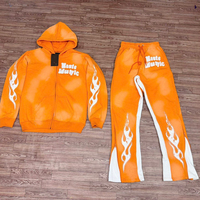 Ensemble de survêtements évasés délavés avec patch brodé et sweat à capuche zippé orné de strass pour fabricants de vêtements streetwear