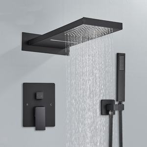 Robinetterie de salle de bain en laiton thermostatique à finition chromée, à poignée unique, noire, murale, système de douche à mitigeur encastré, jet de pluie - Product Image 1