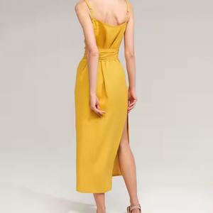 Vestido Midi de Alta Calidad para Mujer, Verano, Amarillo, Lino, con Botones, Tirantes, Estilo Envolvente, Sexy, Talla XS, Cintura Elástica, Diseño Sólido, Tejido - Product Image 4