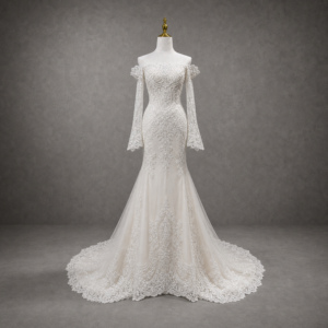 Vestido de Novia Personalizable sin Tirantes, Manga Larga, Estilo Sirena/Trompeta, con <span class=keywords><strong>Flores</strong></span>, Cola de Capilla, Largo hasta el Suelo, en Tela de Satén y Chifón, OEM - Product Image 2