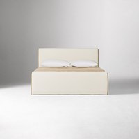 Lit double moderne en bois massif de luxe léger avec tête de lit en tissu lin beige, mobilier de chambre durable pour appartement