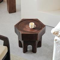 Table d'appoint hexagonale en bois massif vintage, table basse Wabi Sabi pour salon
