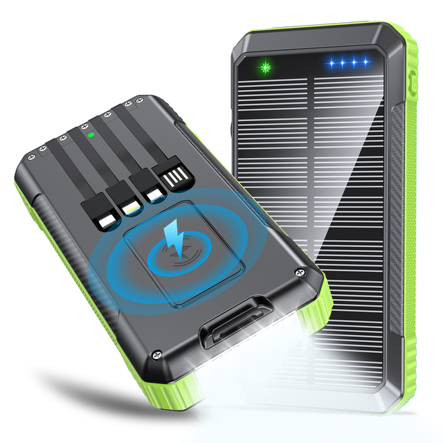 High Capacity 20000-30000mAh Portable Power Bank with Green Solar Charging Display Built-In-Cables Pd22.5W Wireless Charger