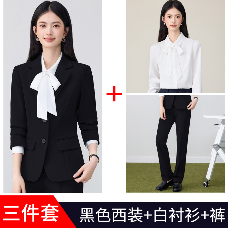 Black suit, white shirt, and trousers